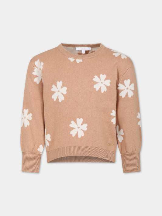 Maglione beige per bambina con fiori,Chloé Kids,C15E33 231