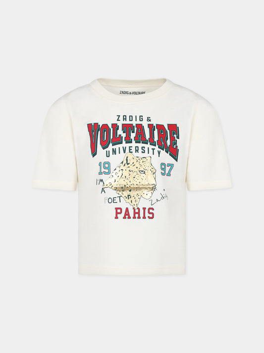 T-shirt avorio per bambina con logo e stampa,Zadig & Voltaire Kids,X15421 140