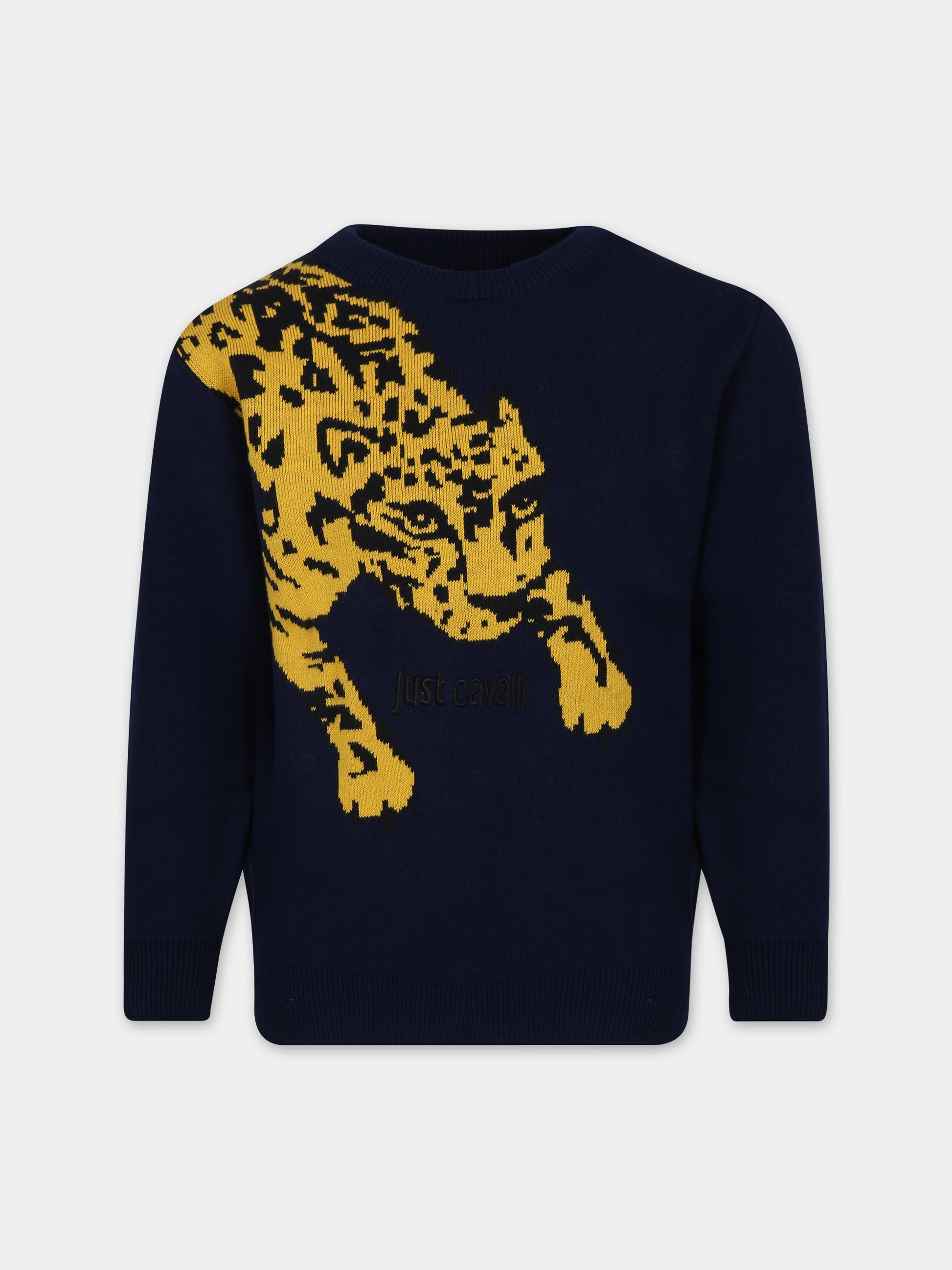 Maglione blu per bambino con tigre e logo,Just Cavalli,JMMA003 C FL228J4010