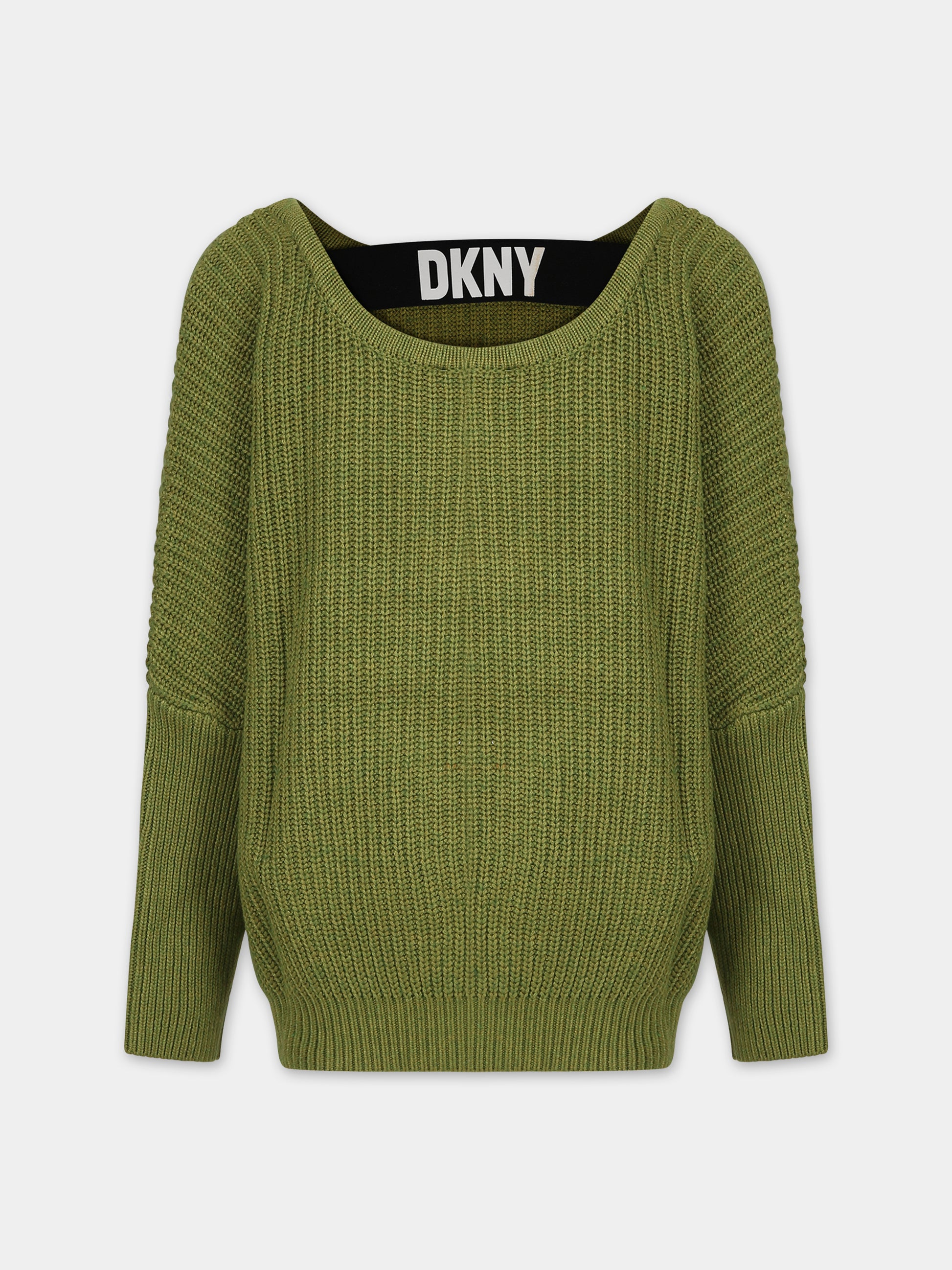 Maglione verde per bambina con elastico logato,Dkny,D35T05 636