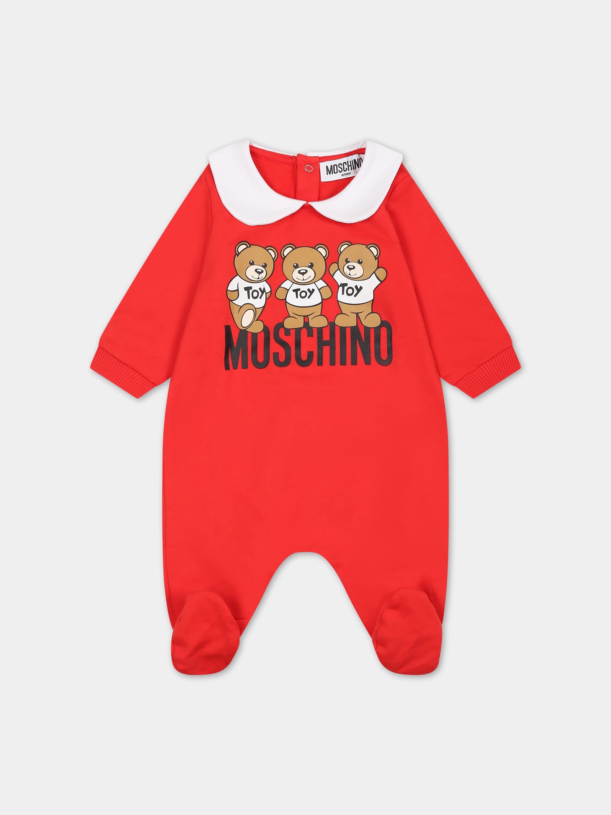 Tutina rossa per neonati con Teddy Bears e logo,Moschino Kids,MWY037 LCA60 50109