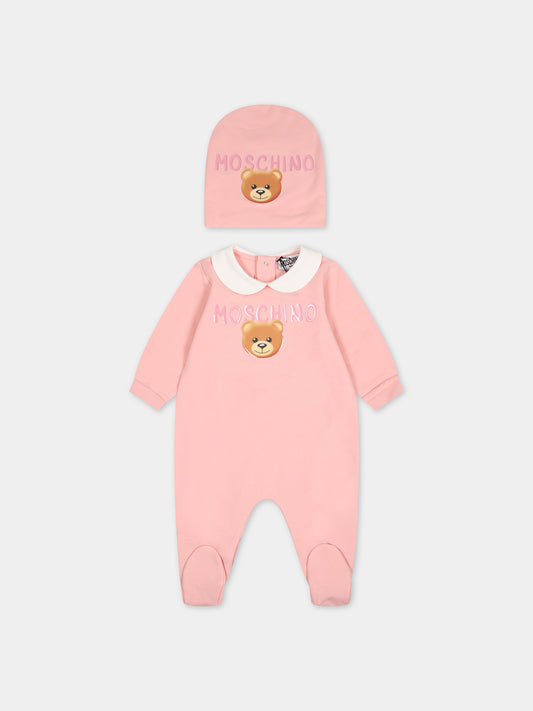Set rosa per neonata con Teddy bear e logo,Moschino Kids,MOY026 LDA17 50209