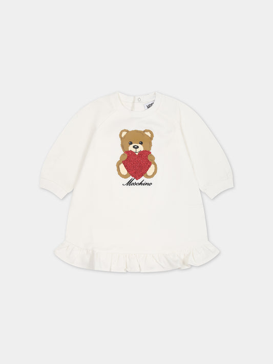Vestito bianco per neonata con Teddy Bear e logo,Moschino Kids,MDV0AP LDA14 10063