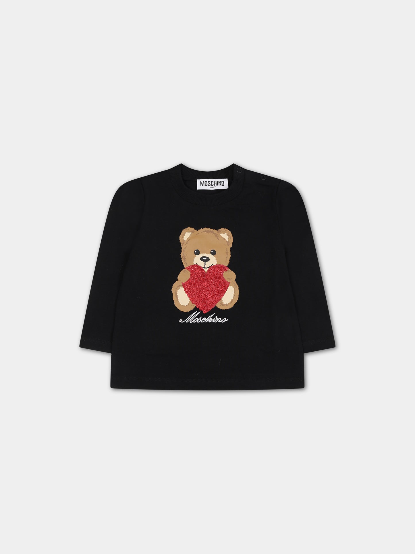 Black t-shirt for baby girl with Teddy Bear and hearts,Moschino Kids,MDO00L LBA11 60100