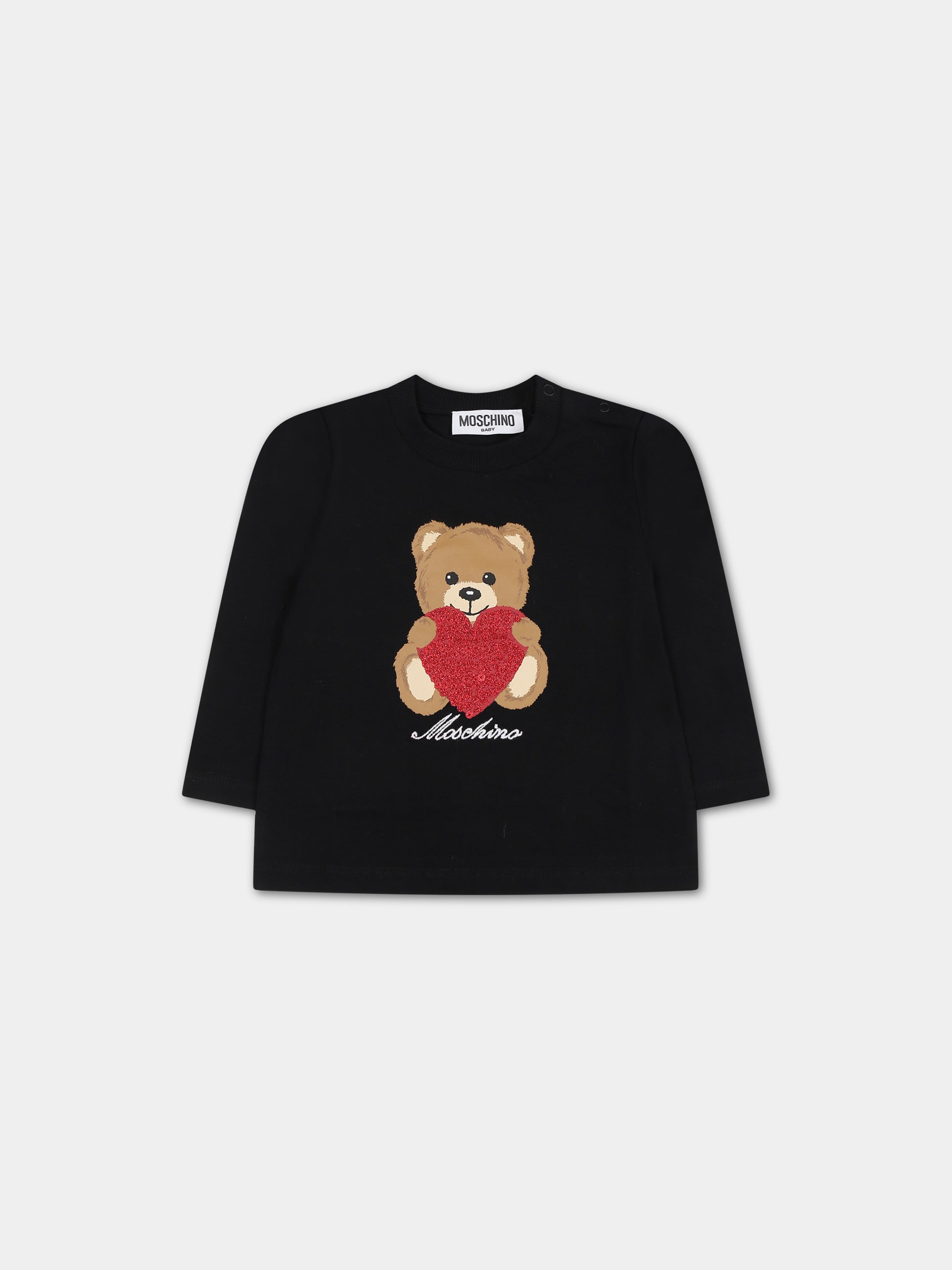 Black t-shirt for baby girl with Teddy Bear and hearts,Moschino Kids,MDO00L LBA11 60100