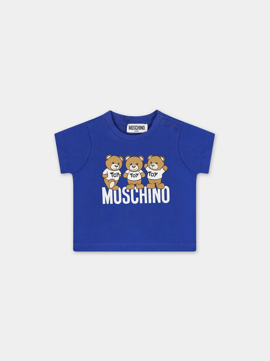T-shirt azzurra per neonato con Teddy Bears e logo,Moschino Kids,MUM03N LAA10 40457