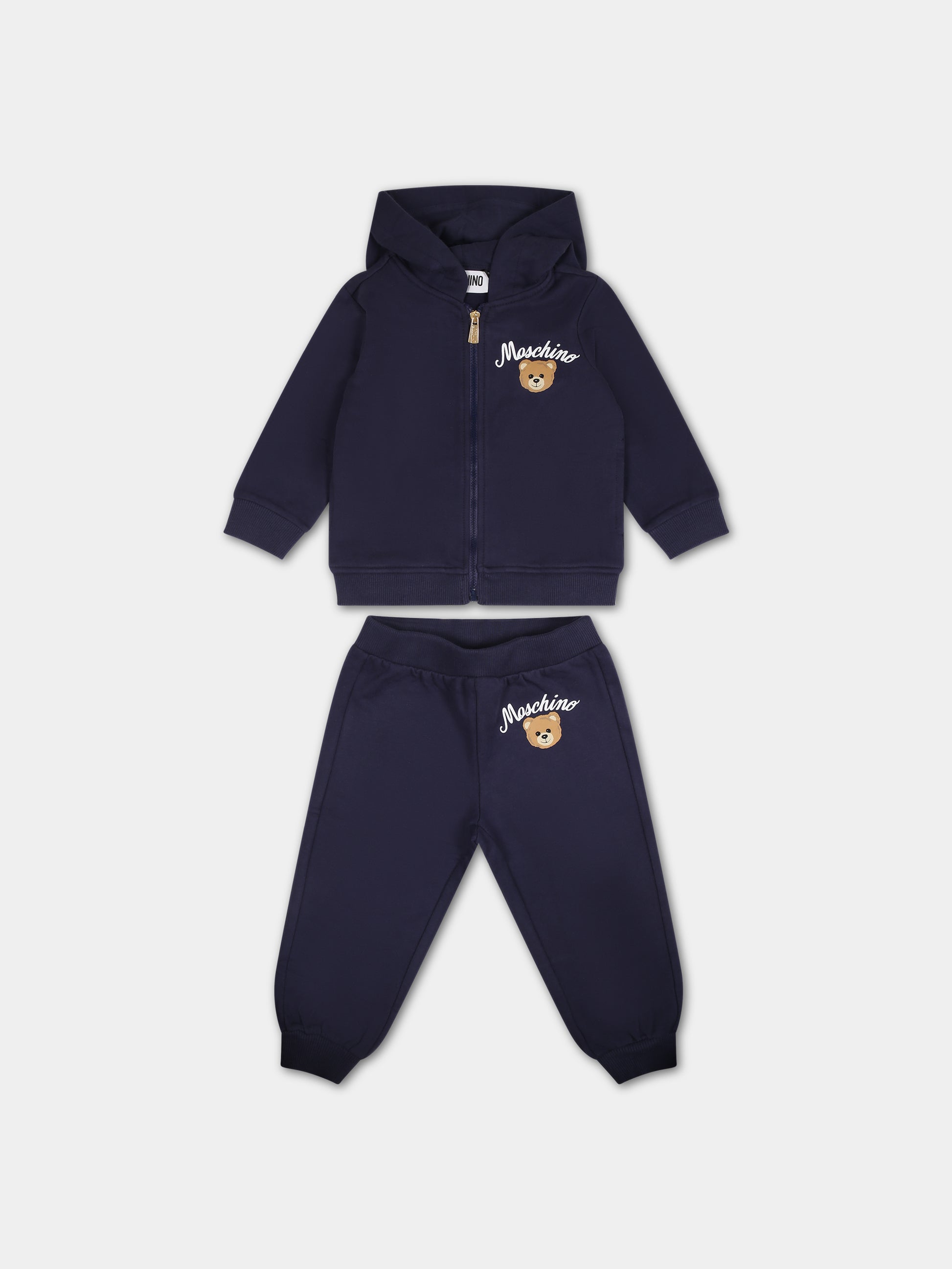 Completo blu per neonato con Teddy bear e logo,Moschino Kids,MNK03N LDA55 40016