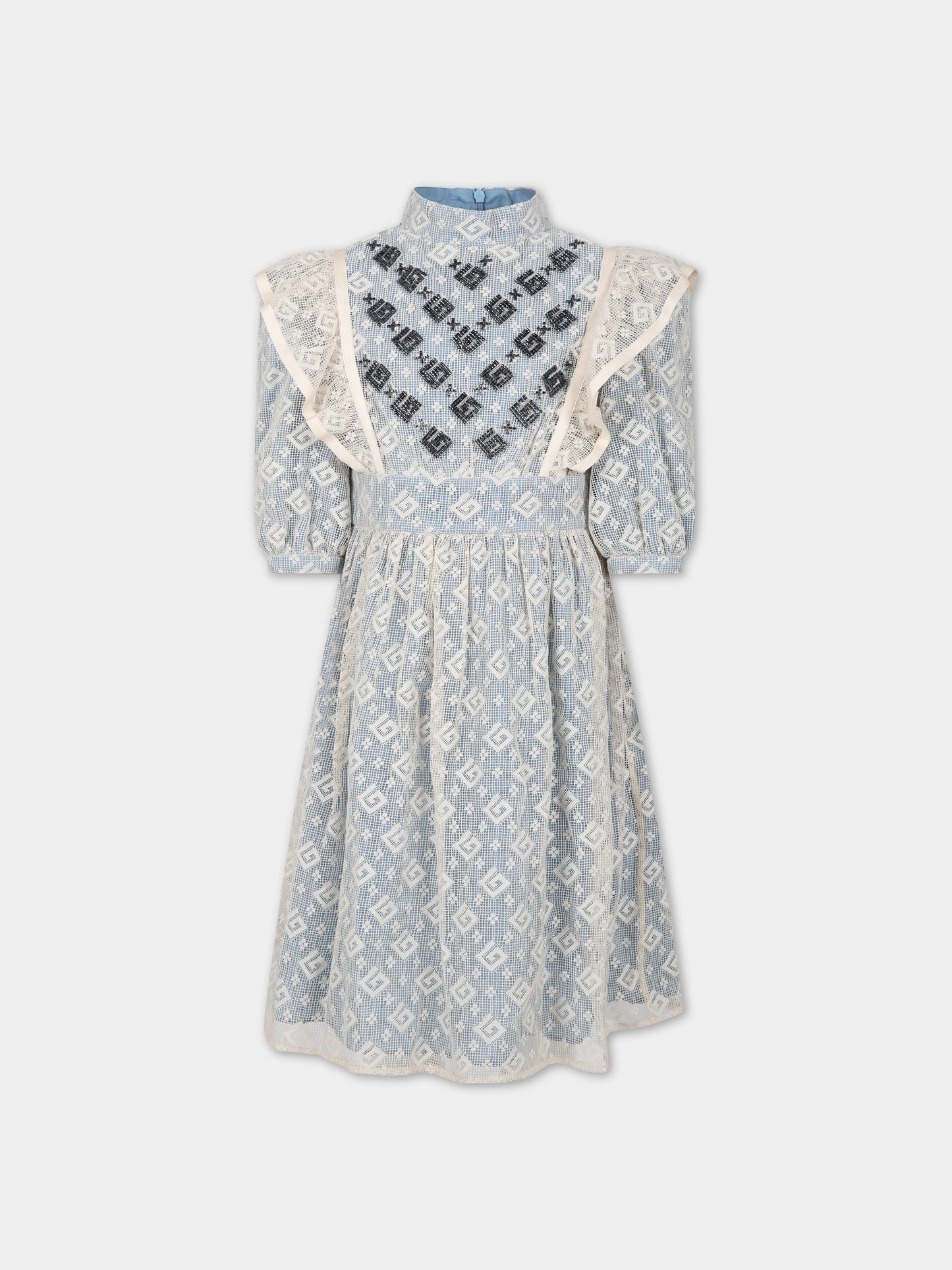 Vestito celeste per bambina con doppia G,Gucci Kids,741190 ZAN9U 9028