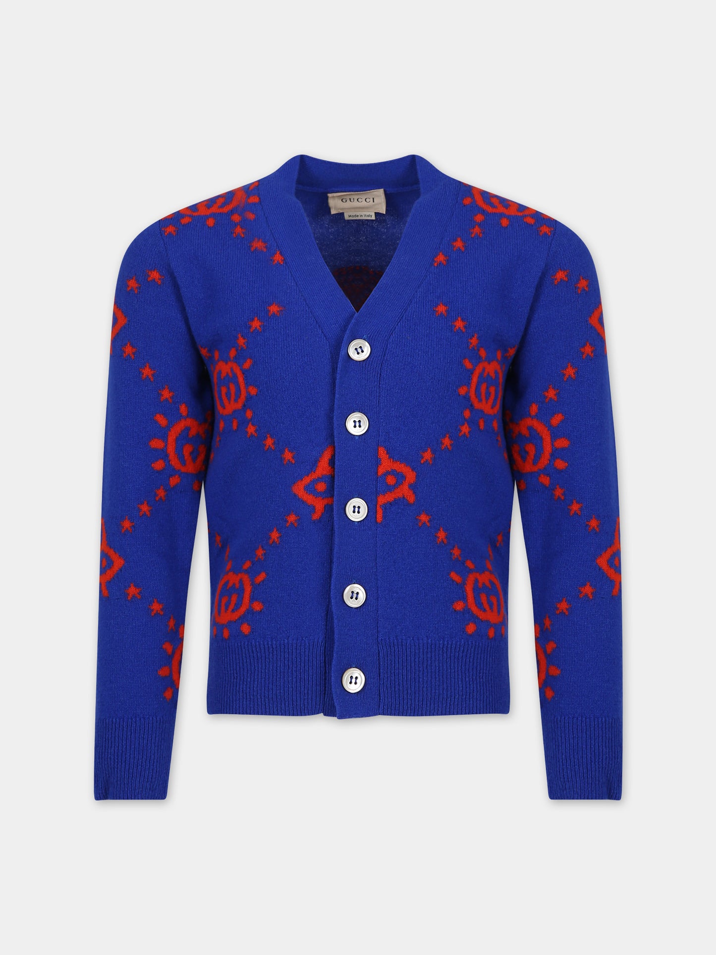 Cardigan blu per bambino con Ufo e GG,Gucci Kids,748025 XKDAC 4661