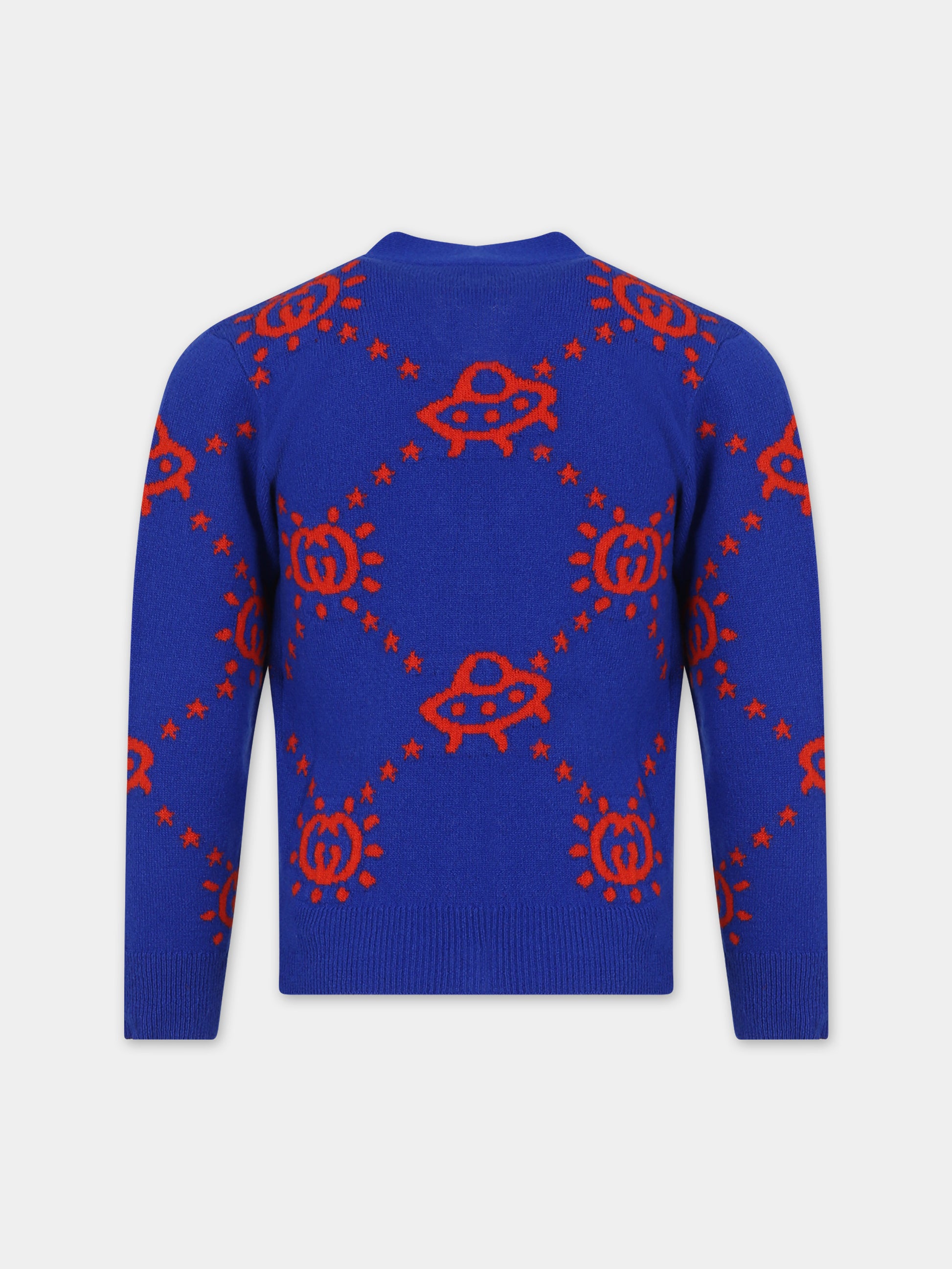 Cardigan blu per bambino con Ufo e GG,Gucci Kids,748025 XKDAC 4661