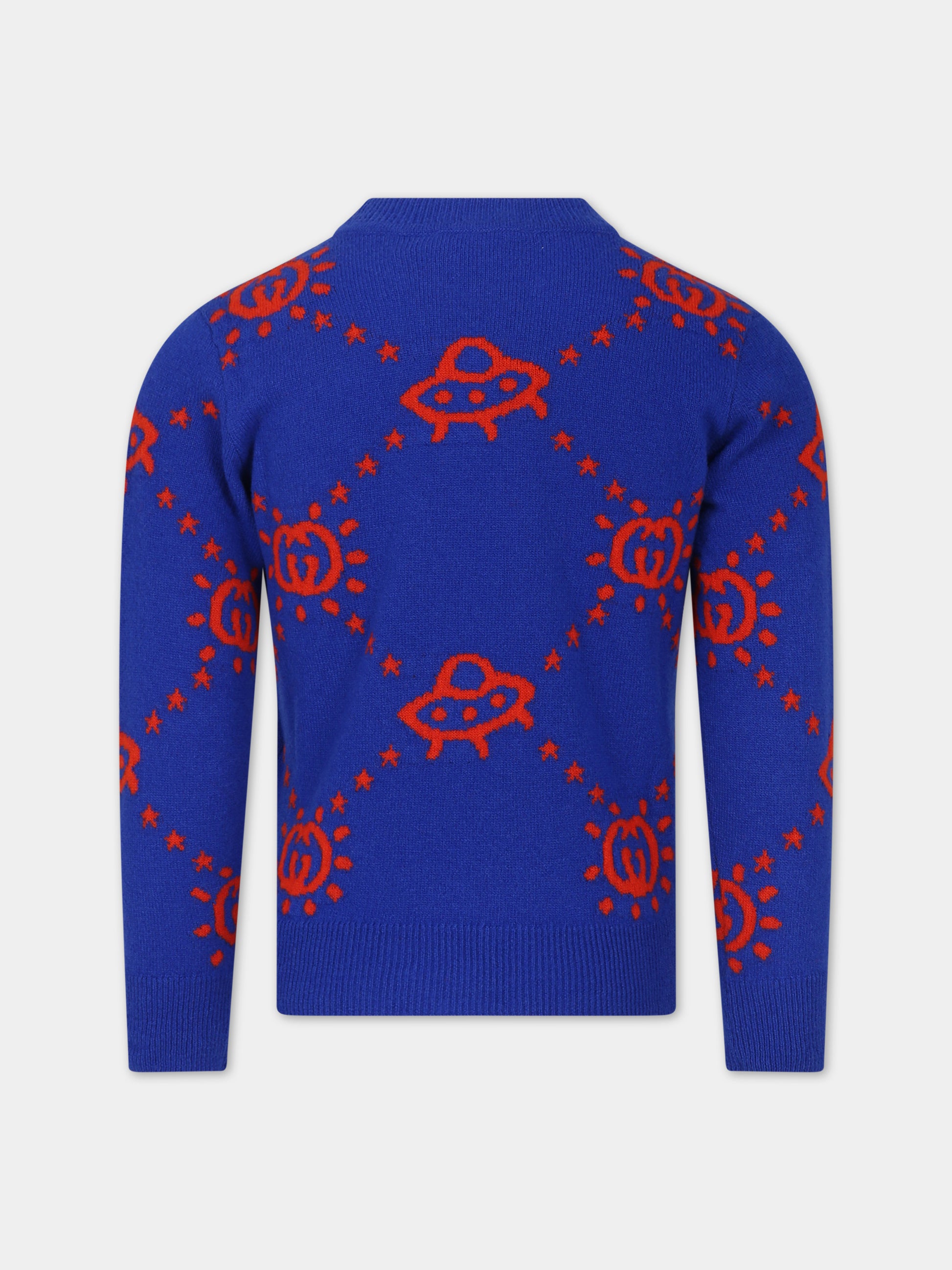 Maglione blu con Ufo e GG per bambino,Gucci Kids,748068 XKDAC 4661