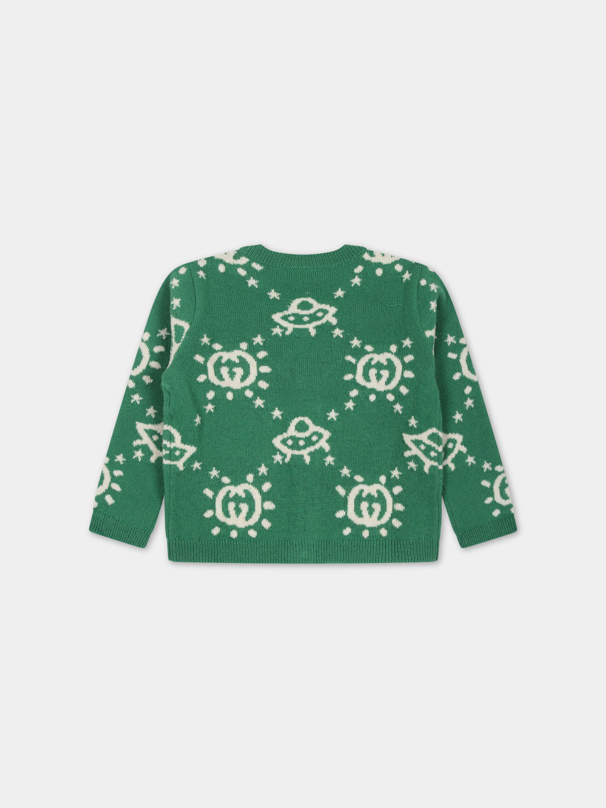 Cardigan verde con Ufo e GG per neonato,Gucci Kids,748122 XKDAD 3523