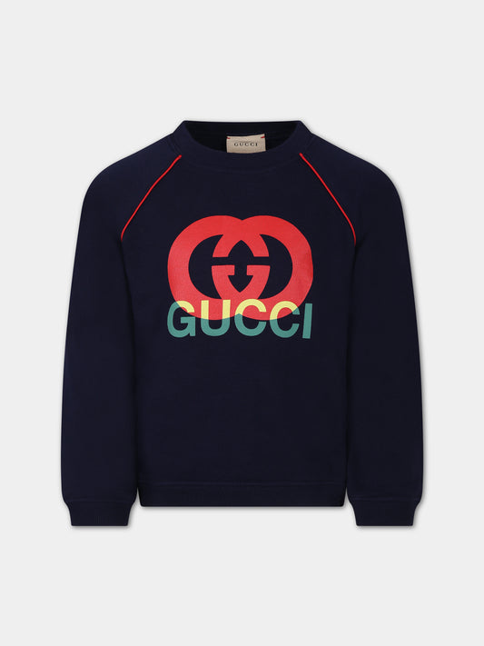 Felpa blu per bambini con stampa logo,Gucci Kids,737610 XJFVS 4392