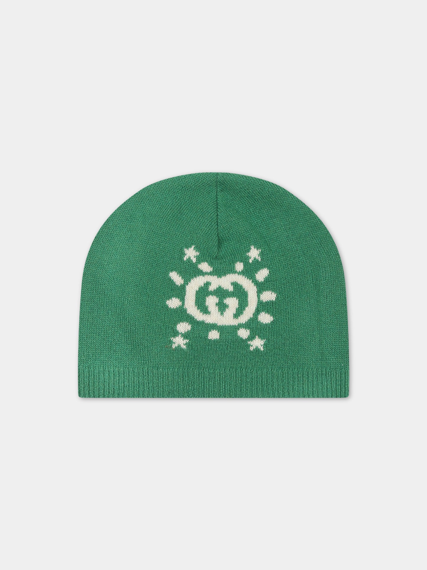 Berretto verde per neonato con incrocio GG e ufo,Gucci Kids,749513 3K206 3178