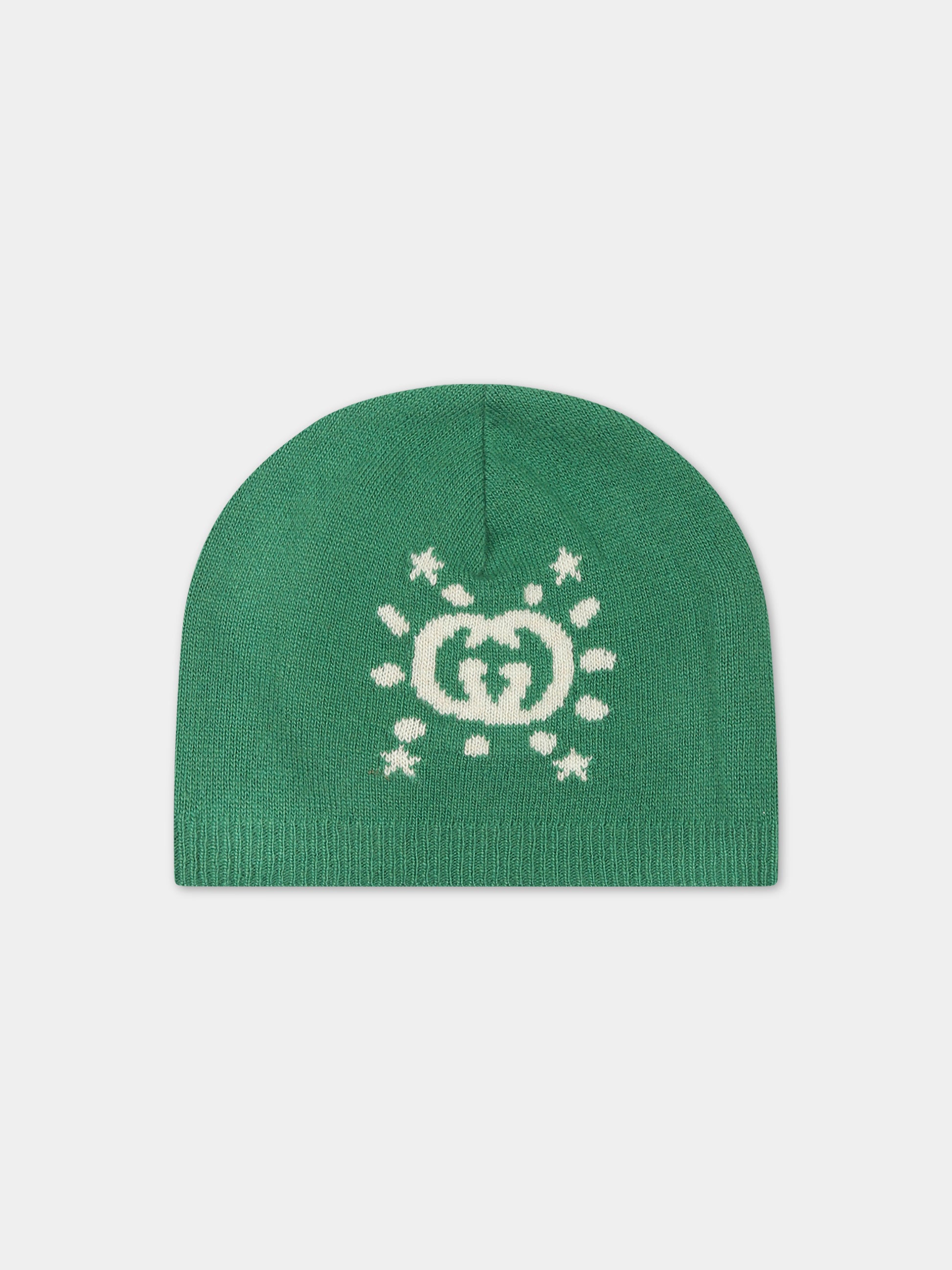 Berretto verde per neonato con incrocio GG e ufo,Gucci Kids,749513 3K206 3178