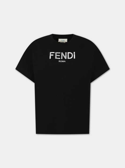 T-shirt nera per bambini con logo,Fendi Kids,JUI137 7AJ F1L13