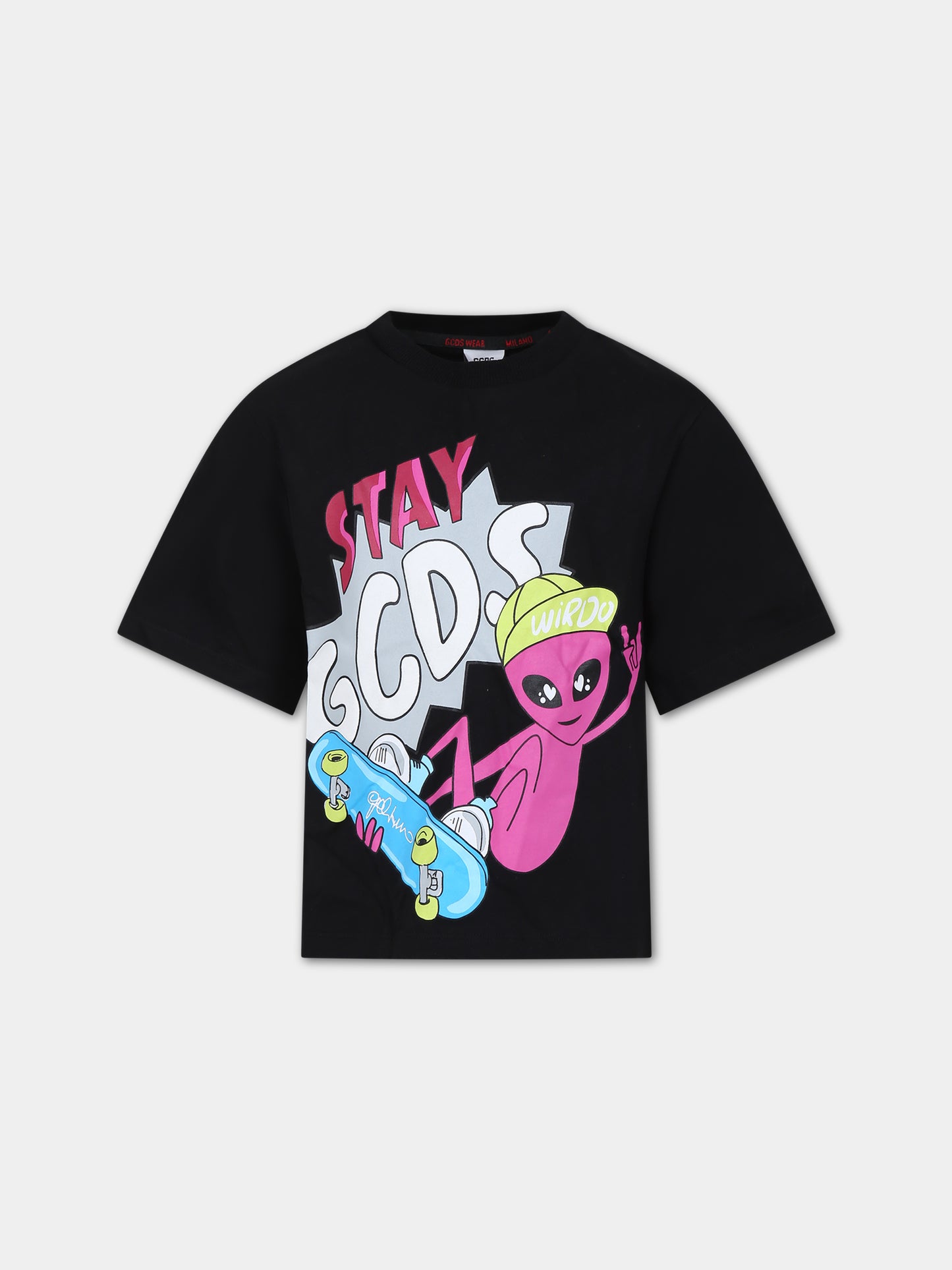 T-shirt nera per bambino con stampa alieno e logo,Gcds Kids,DWM002 LAA10 60100