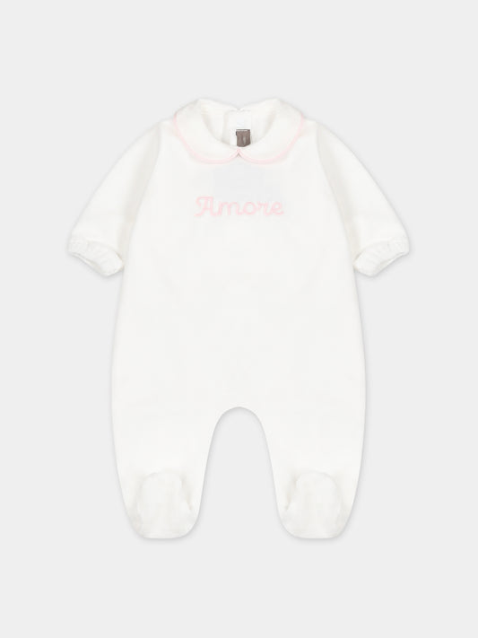 Tutina bianca per neonata con ricamo,Little Bear,7041 LATTE/ROSA