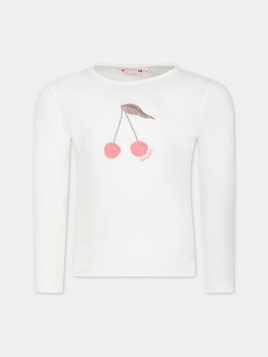 T-shirt avorio per bambina con logo e ciliegie,Bonpoint,W03GTSK00003 103