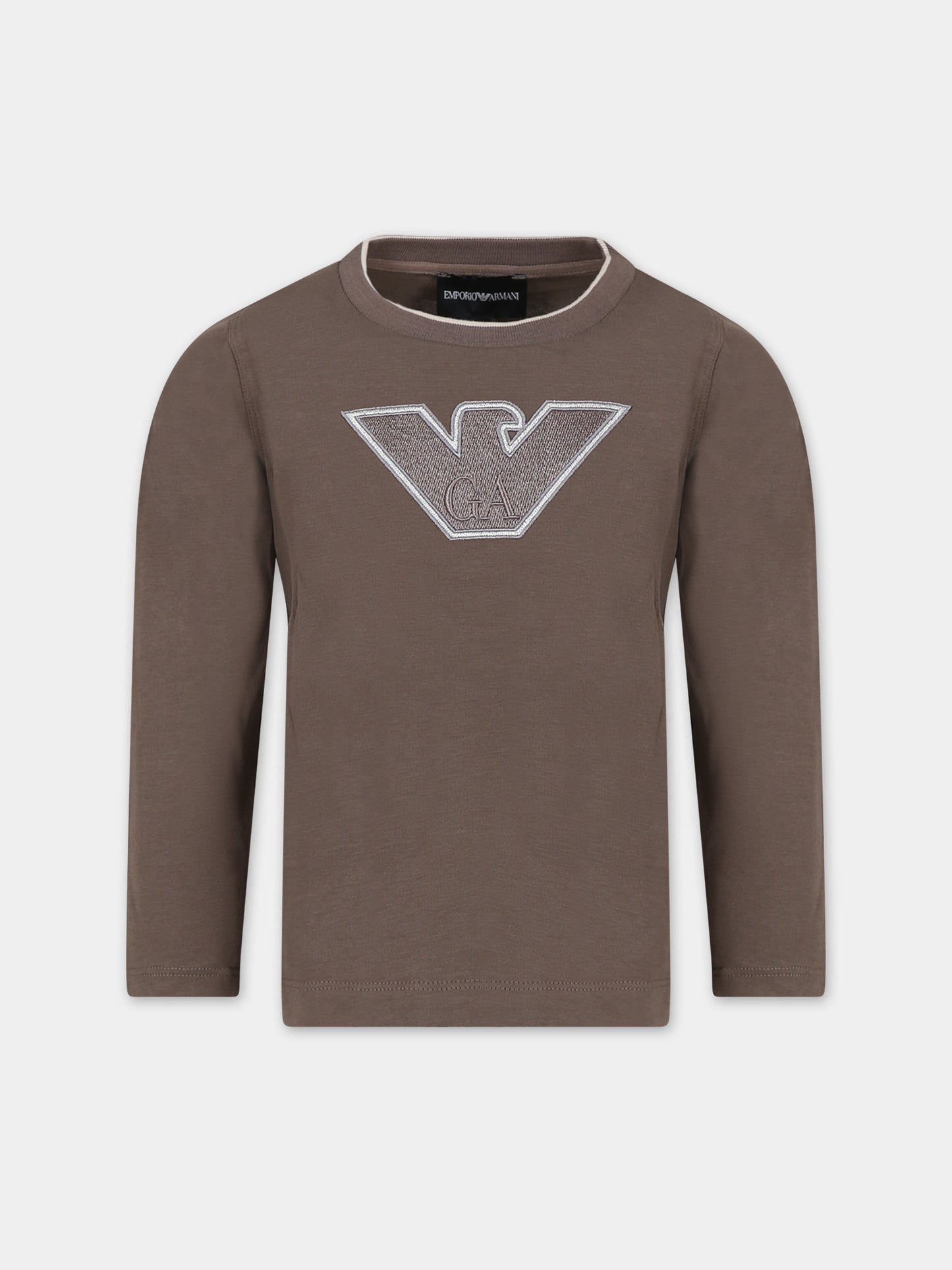 T-shirt marrone per bambino con aquilotto e logo,Armani Junior,6R4TJT 1JWZZ 0439