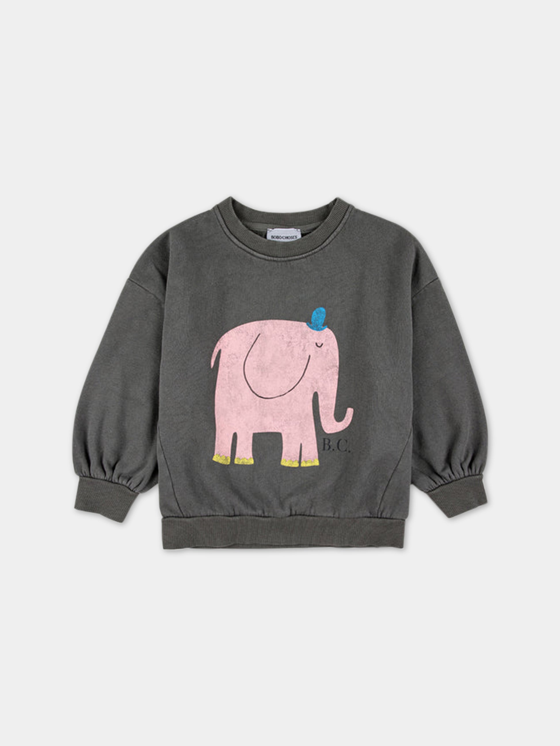 Felpa grigia per bambina con stampa elefante e logo,Bobo Choses,223AC032