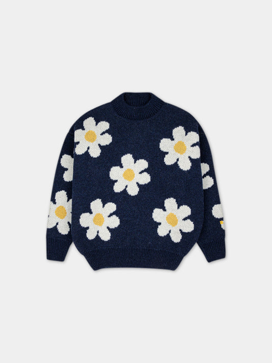 Maglione blu per bambina con ricamo margherite,Bobo Choses,223AC114