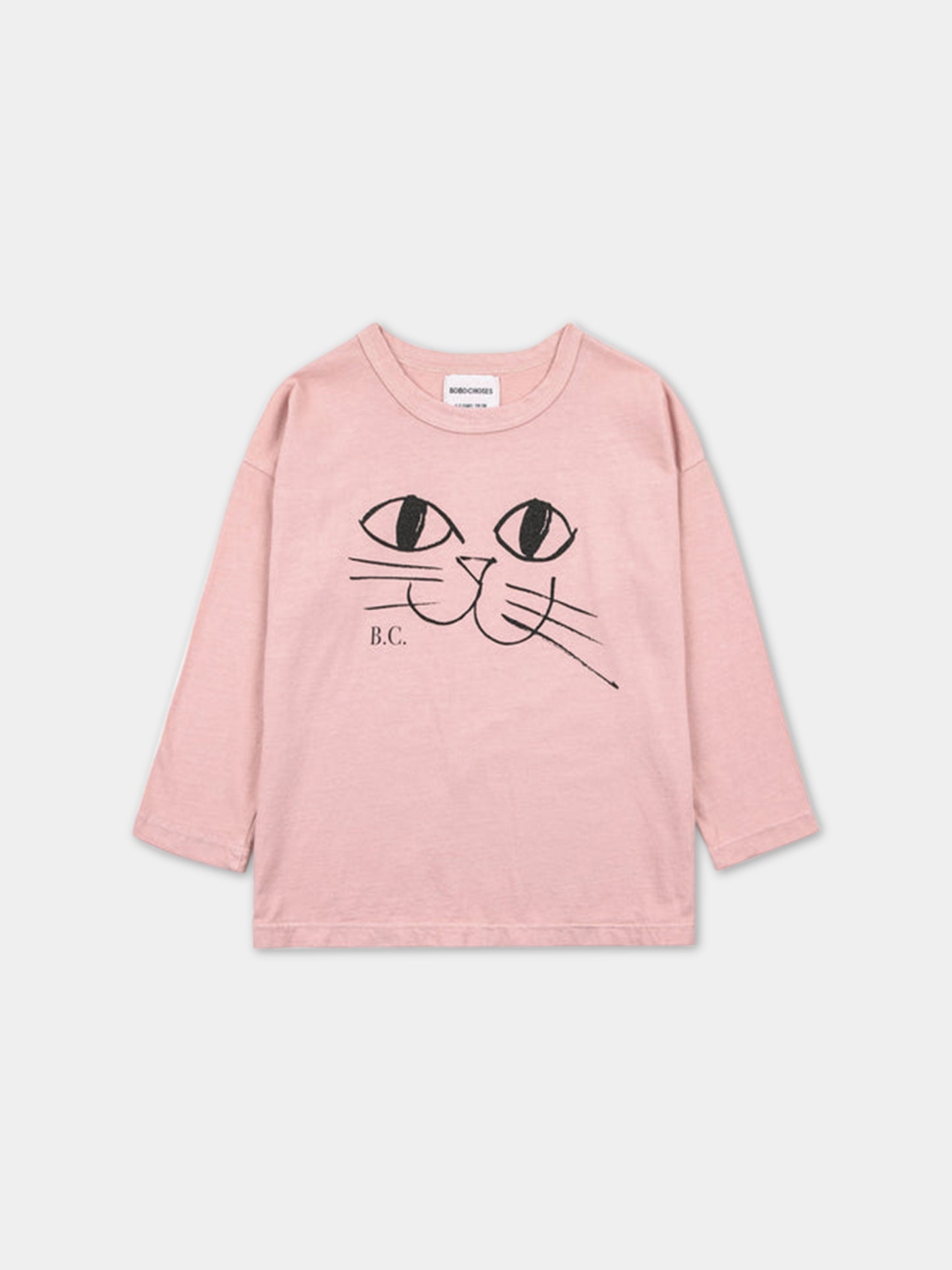 T-shirt rosa per bambina con stampa gatto e logo,Bobo Choses,223AC007