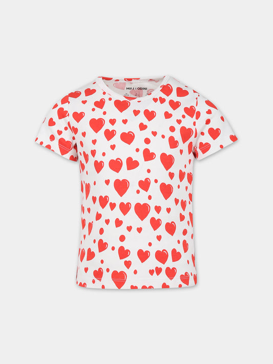 T-shirt bianca per bambina con stampa cuori,Mini Rodini,2372018000