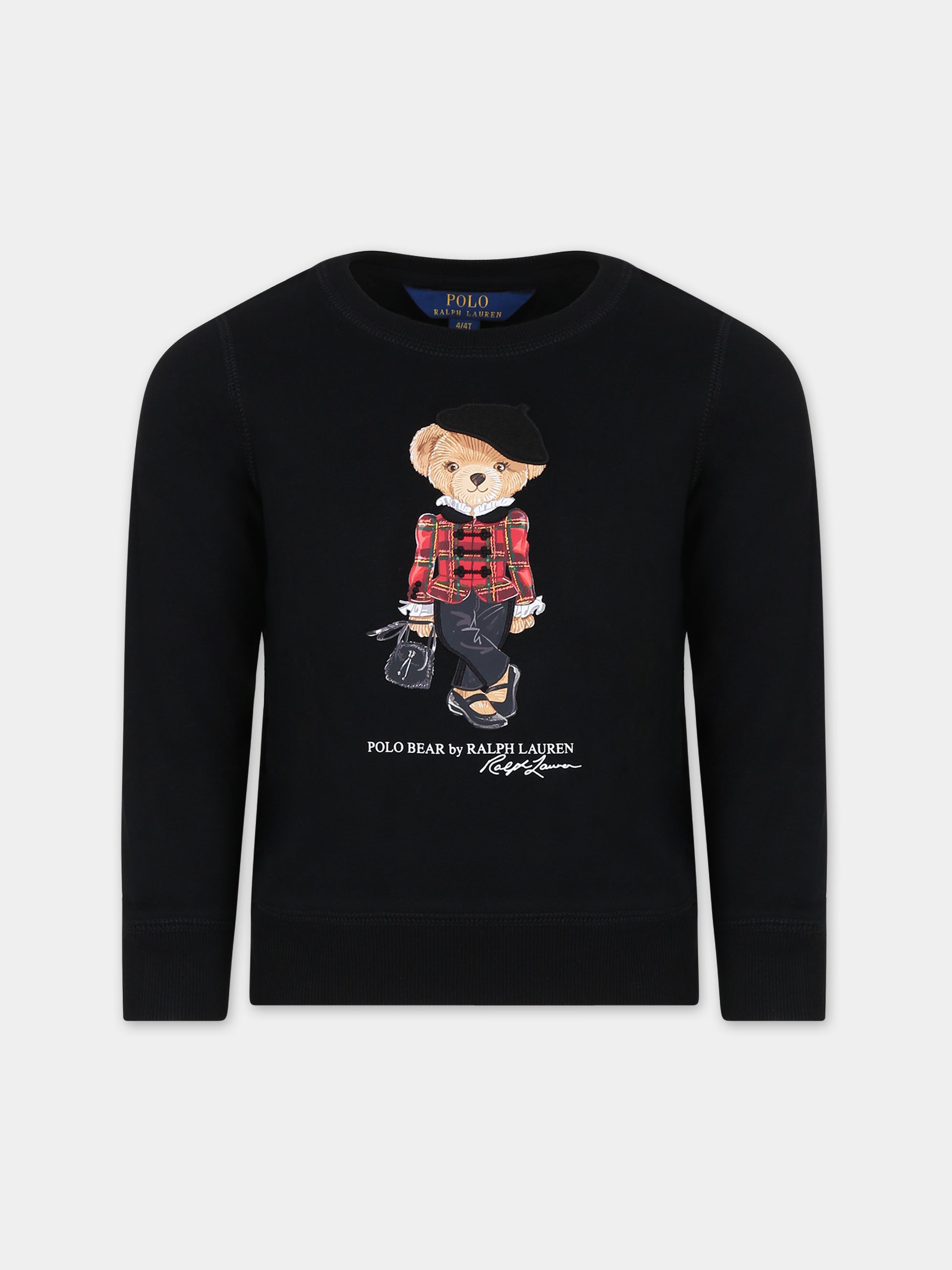 Felpa nera per bambina con orso e logo,Ralph Lauren Kids,920453001