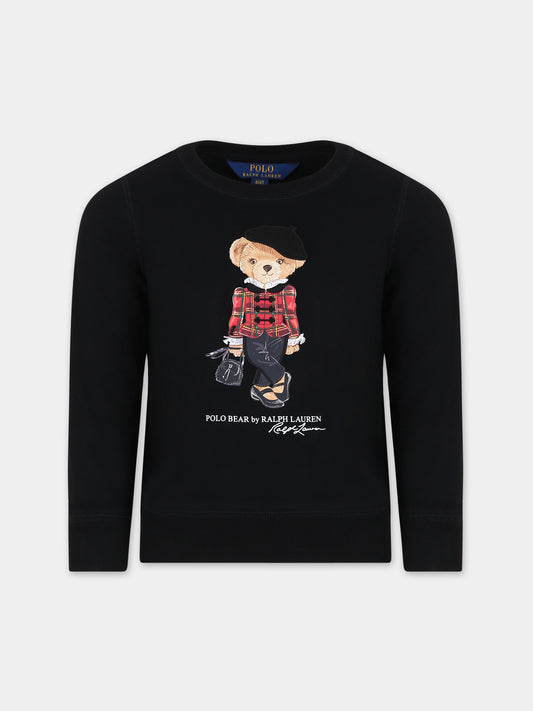 Felpa nera per bambina con orso e logo,Ralph Lauren Kids,920453001