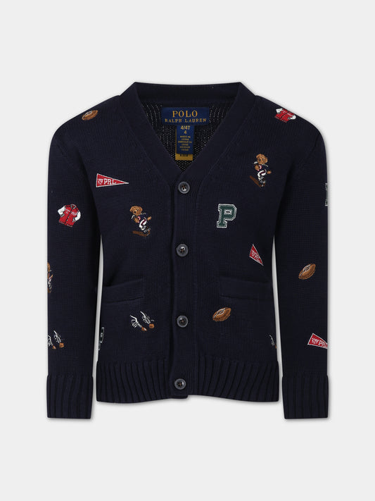 Cardigan blu per bambino con orso,Ralph Lauren Kids,918349001