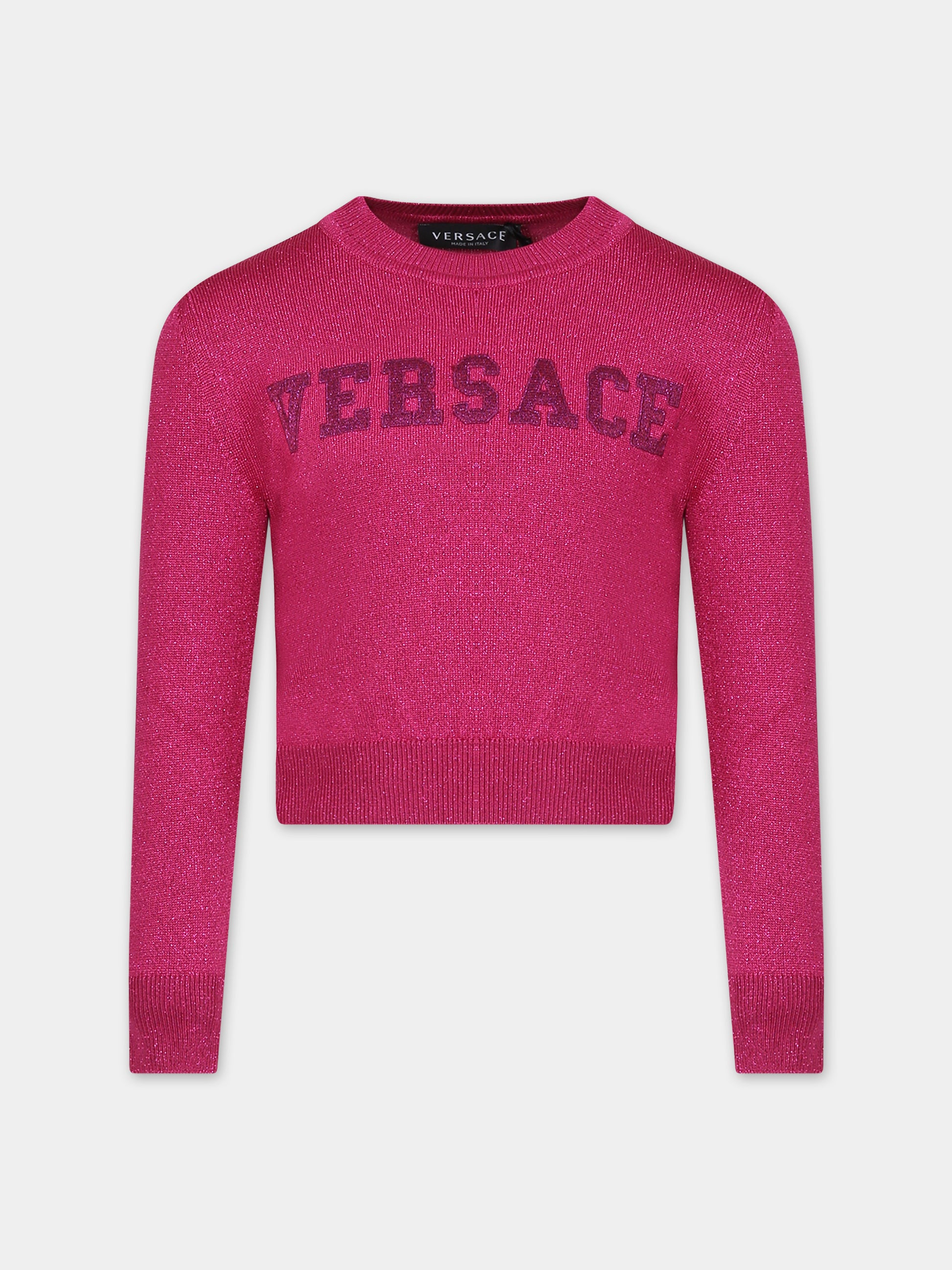 Maglione fucsia per bambina con logo,Versace,1011435 1A08413 1PP80