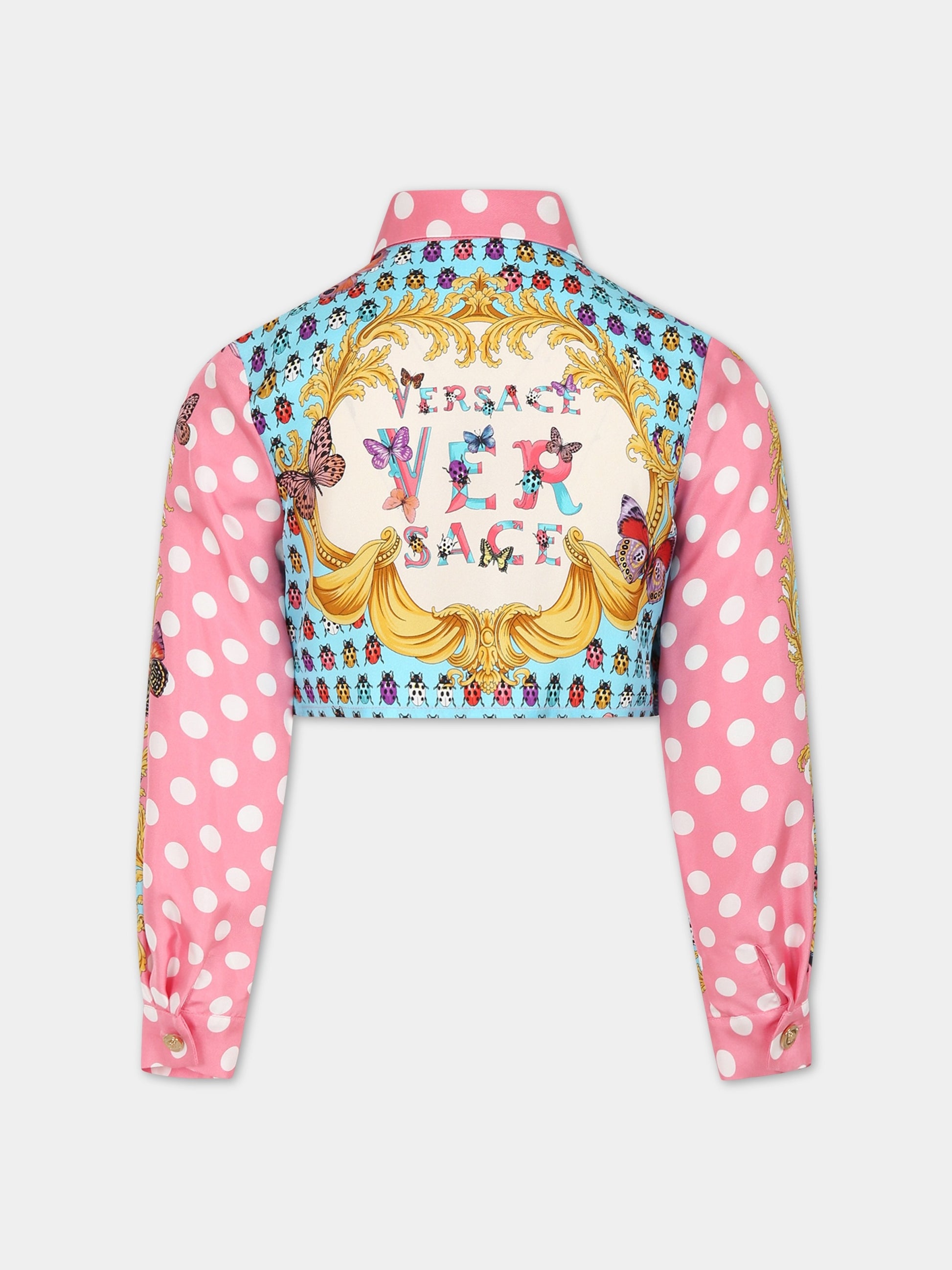 Camicia celeste per bambina con stampa iconica e logo,Versace,1011107 1A08125 5X280