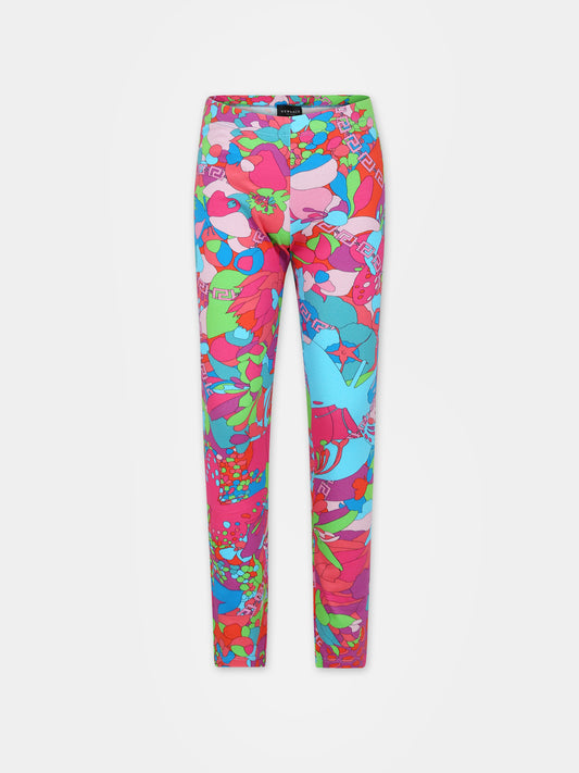 Leggings celesti per bambina con stampa floreale,Versace,1000042 1A08392 5V020