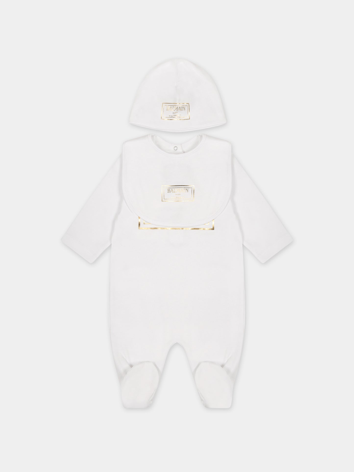 Set bianco per neonati con logo dorato,Balmain Kids,BTB610 Z1763 100OR