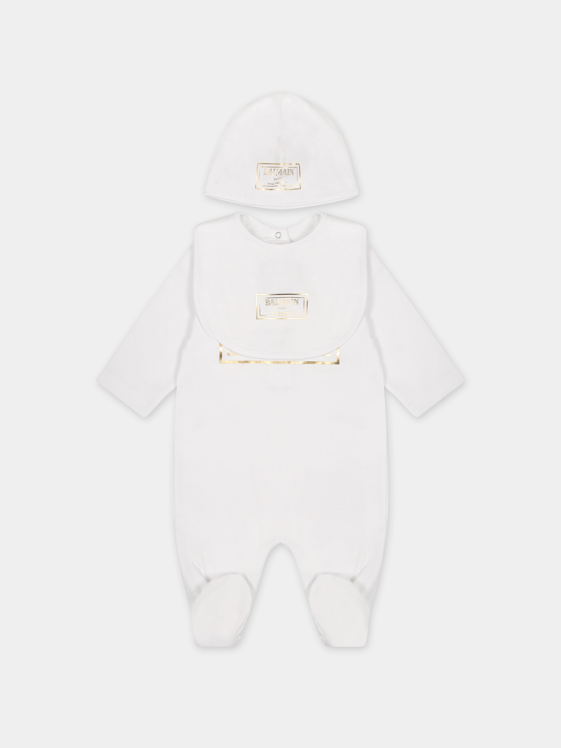 Set bianco per neonati con logo dorato,Balmain Kids,BTB610 Z1763 100OR