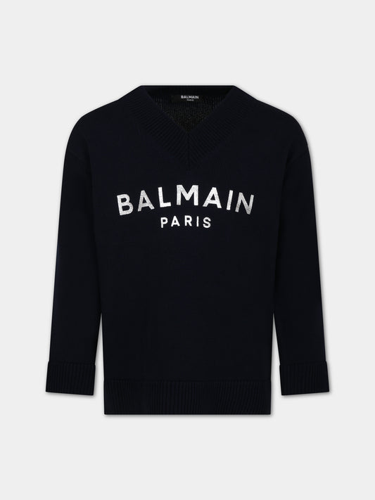 Maglione blu per bambini con logo,Balmain Kids,BT9Q10 W0141 649