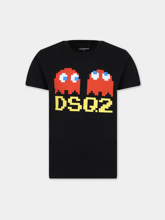 T-shirt nera per bambino con stampa pac man e logo,Dsquared2,DQ2165 D00MV DQ900