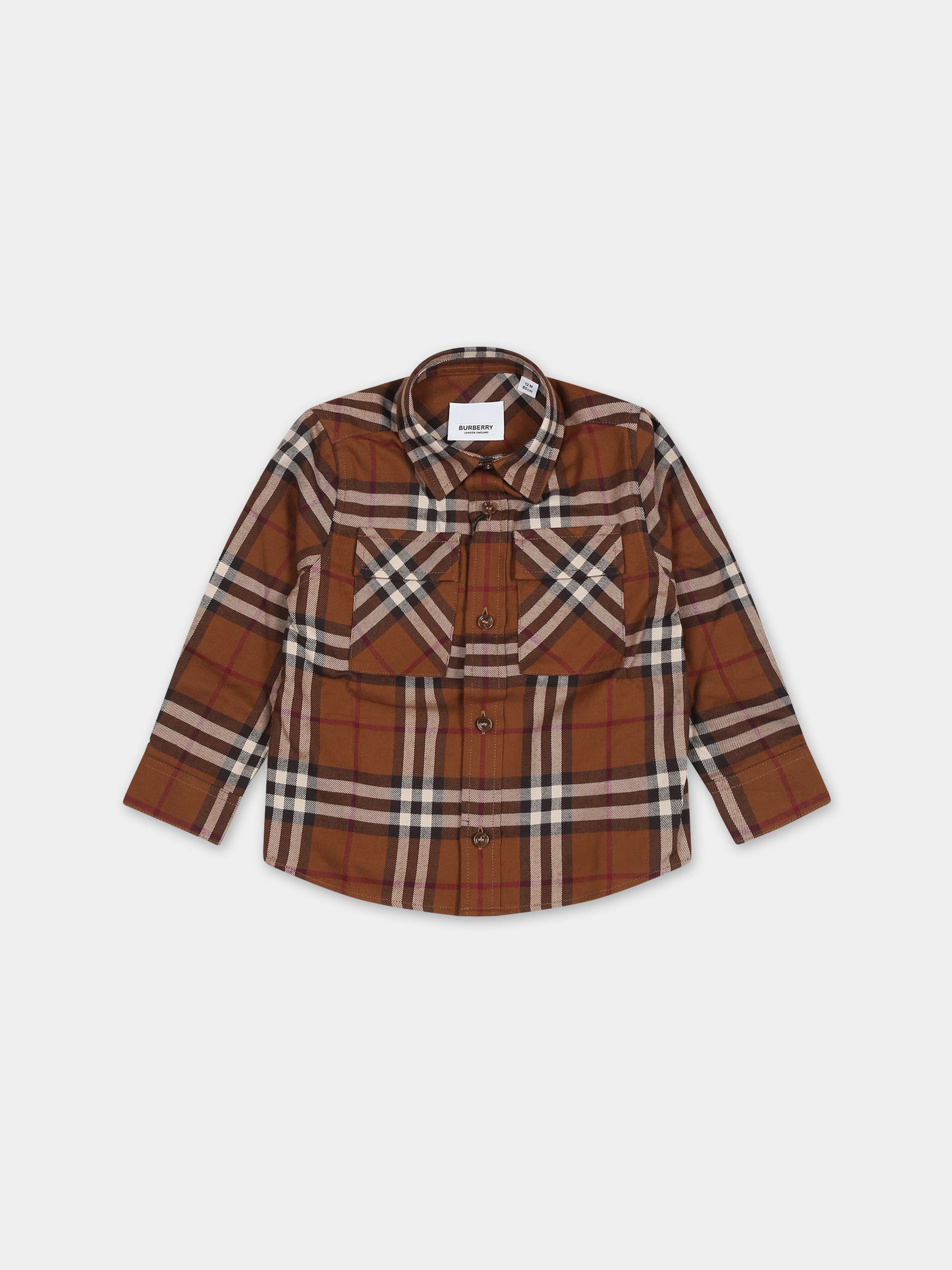 Camicia marrone per neonato con iconico check,Burberry Kids,8070021