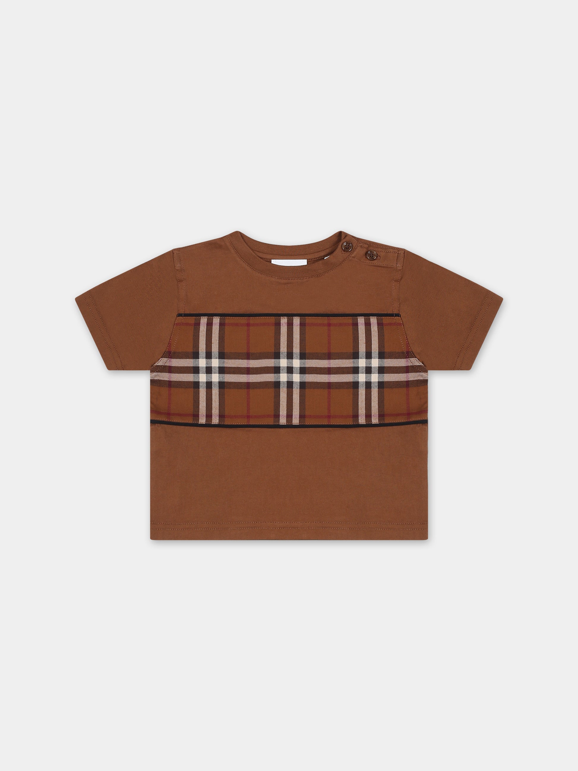 T-shirt marrone per neonato con iconico check,Burberry Kids,8070182