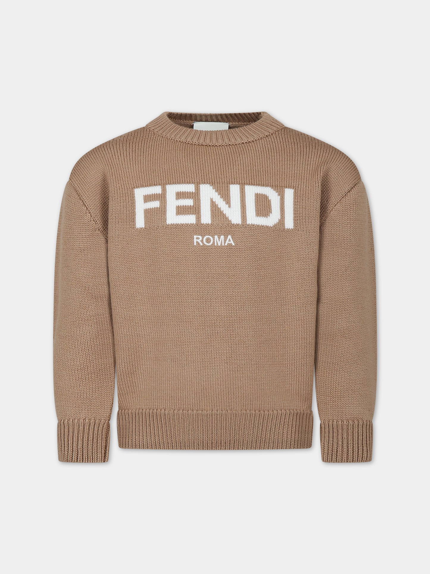 Maglione cammello con logo per bambini,Fendi Kids,JUG147 AOCH F1EPI