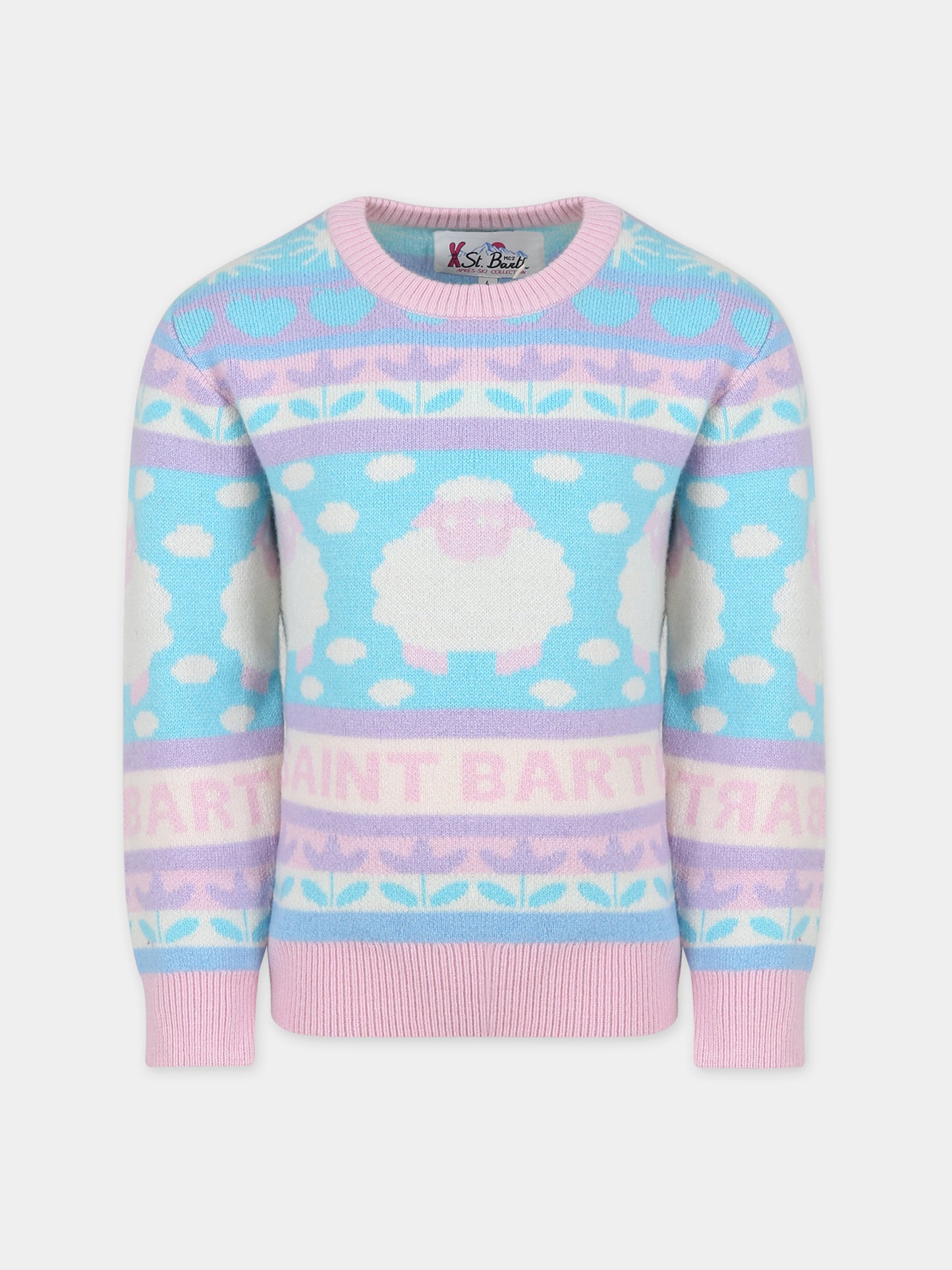 Maglione celeste per bambina con logo e motivo jacquard,Mc2 Saint Barth,PRINCESS P SHEEP NORDIC 2156