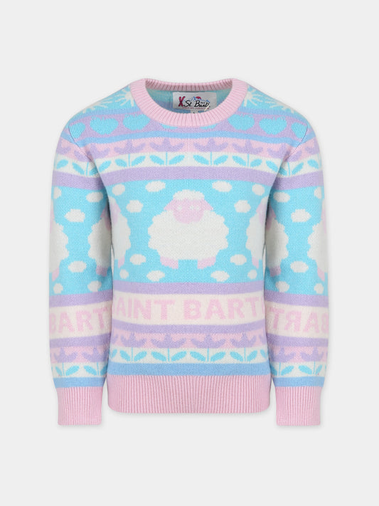 Maglione celeste per bambina con logo e motivo jacquard,Mc2 Saint Barth,PRINCESS P SHEEP NORDIC 2156