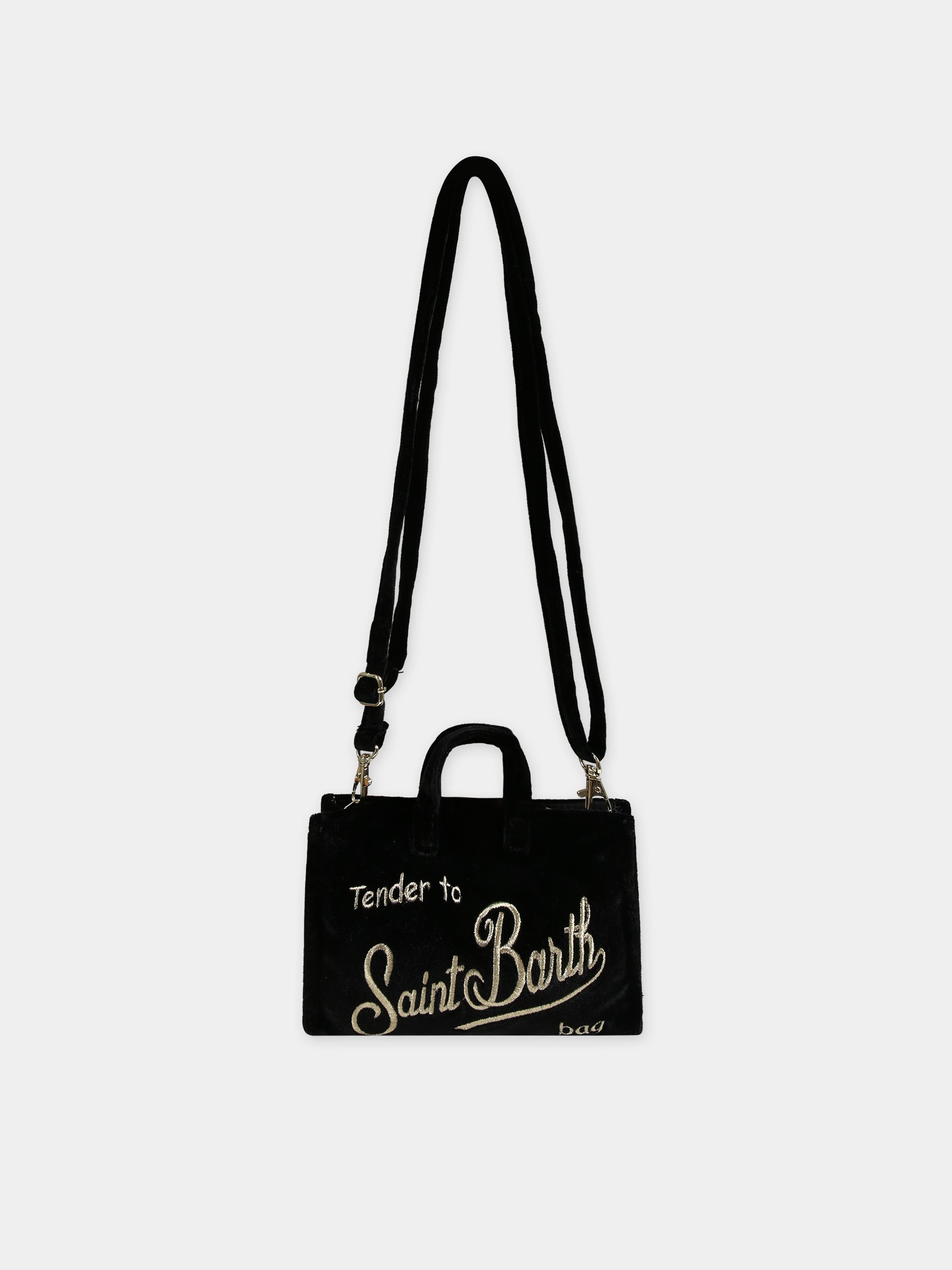 Borsa porta cellulare nera per bambina con logo,Mc2 Saint Barth,PHONE BAG VELVET 00 EMB