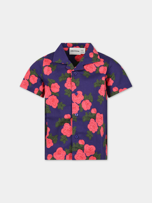 Camicia blu per bambini con rose,Mini Rodini,2412010160