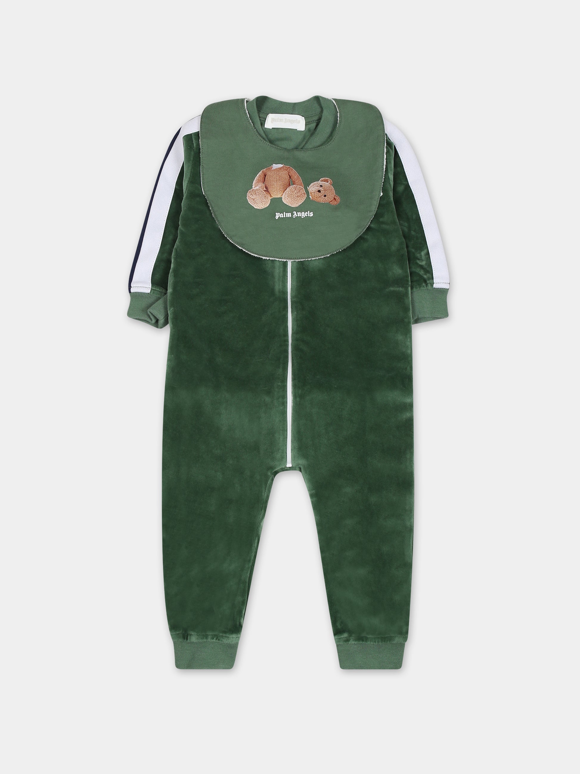 Completo verde per neonato con orso e logo,Palm Angels,PB2X010F23FLE0015501