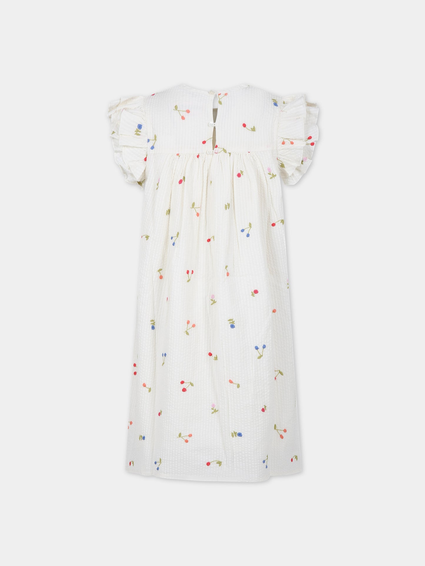 Vestito bianco per bambina con ricami ciliegie e fiori multicolor all-over,Bonpoint,C04GDRW00001 002
