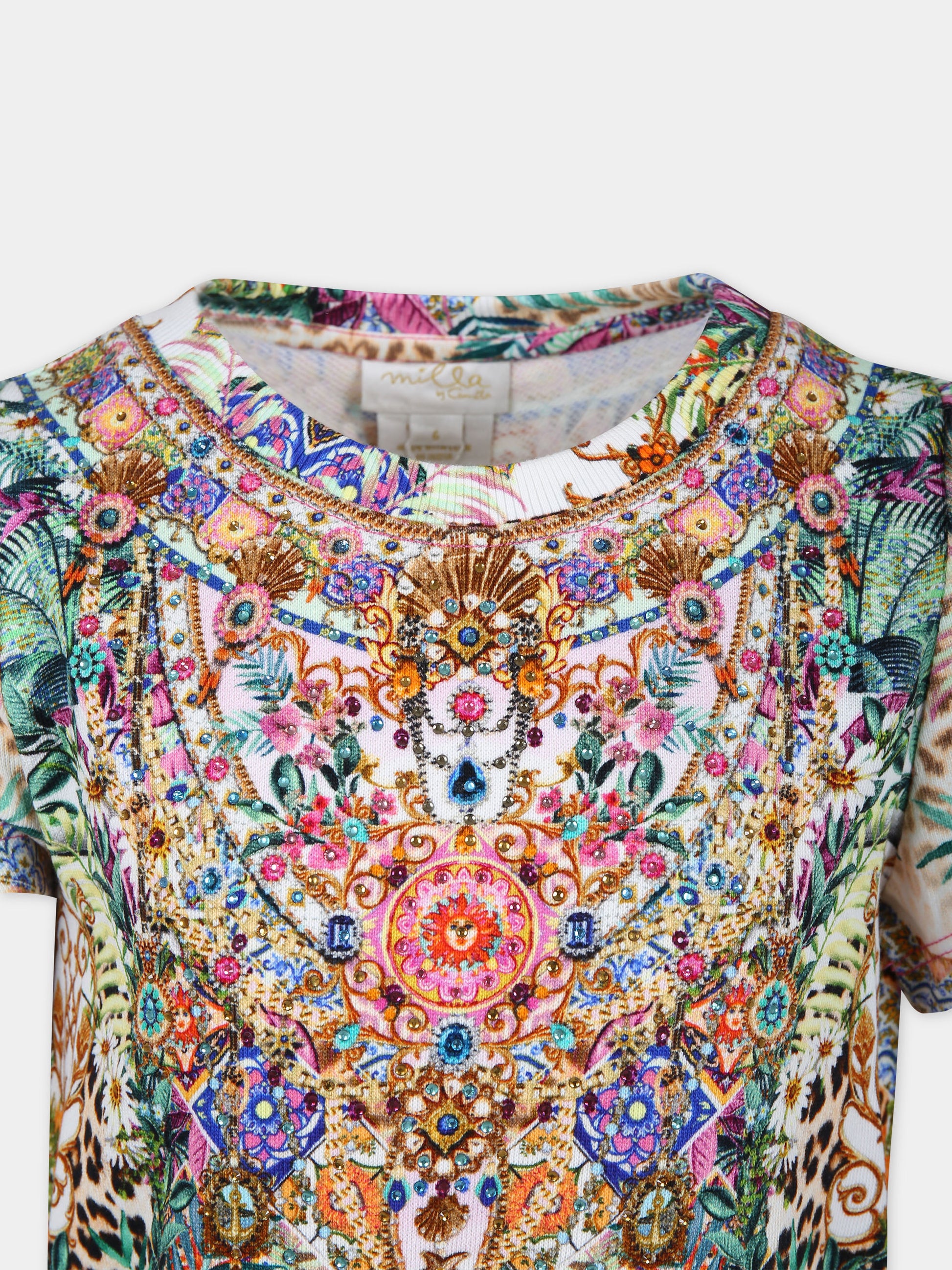 Vestito multicolor per bambina con stampa floreale e strass,Camilla,00026230 FLOWNEPT