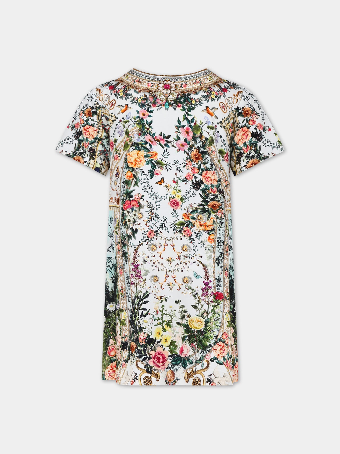 Vestito multicolor per bambina con stampa floreale e strass,Camilla,00024988 RENAROMA