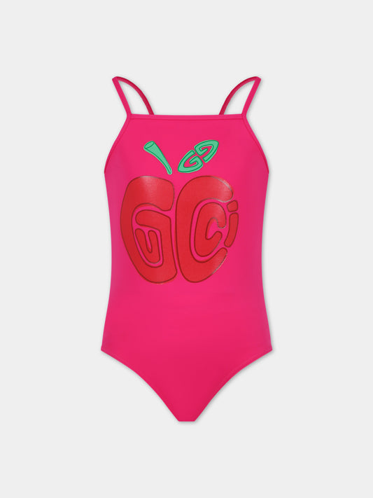 Costume intero fucsia per bambina con stampa mela Gucci,Gucci Kids,773029 XJF70 5716